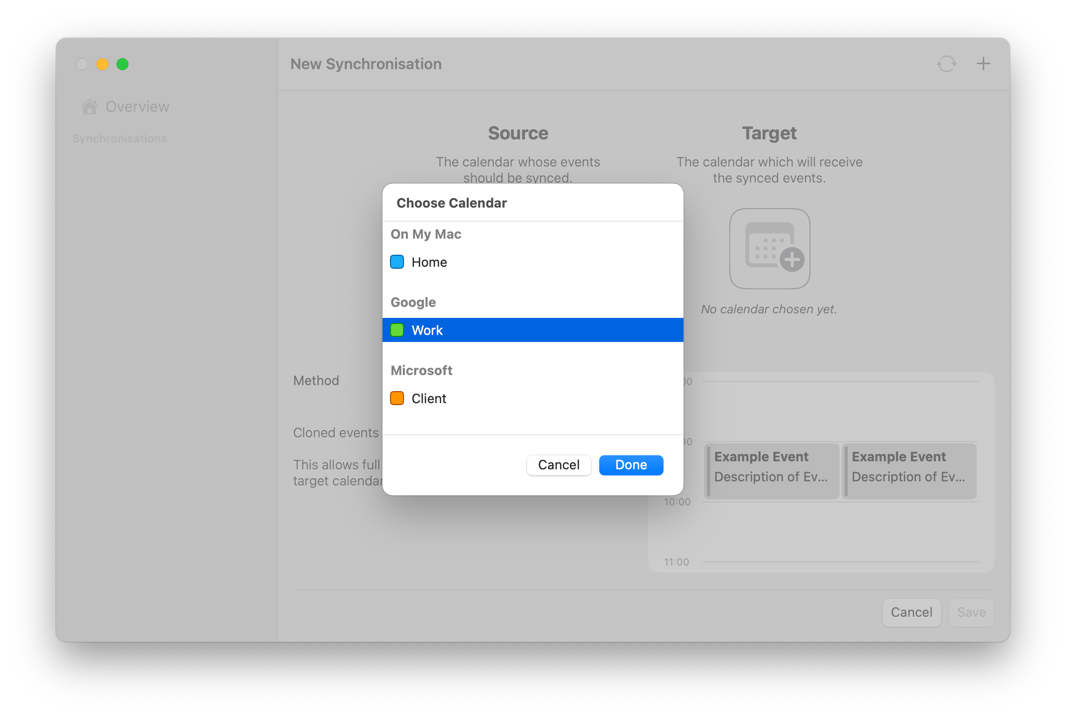 Screenshot of the calendar selection modal to choose a calendar from