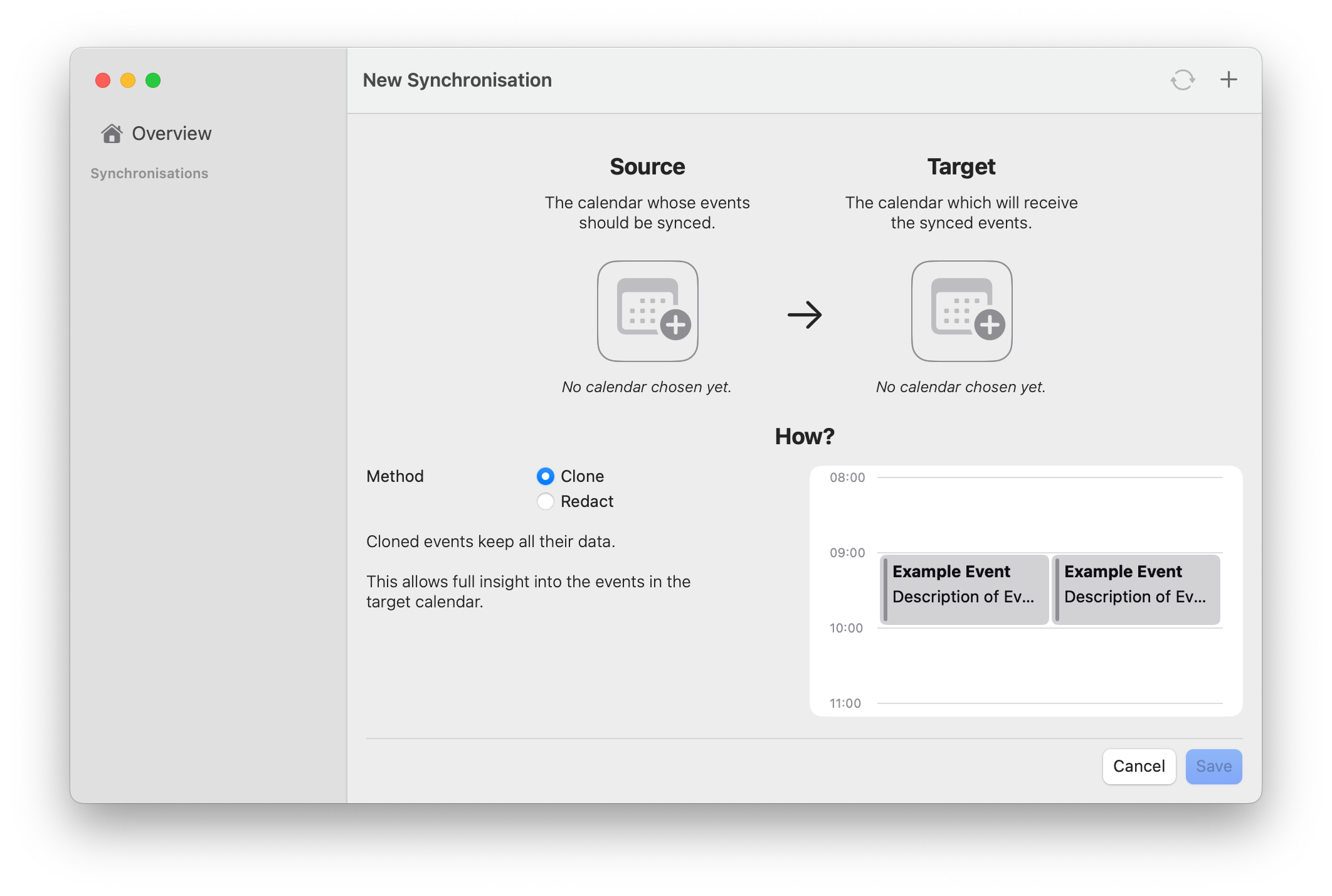 Screenshot of application when adding a new synchronisation
