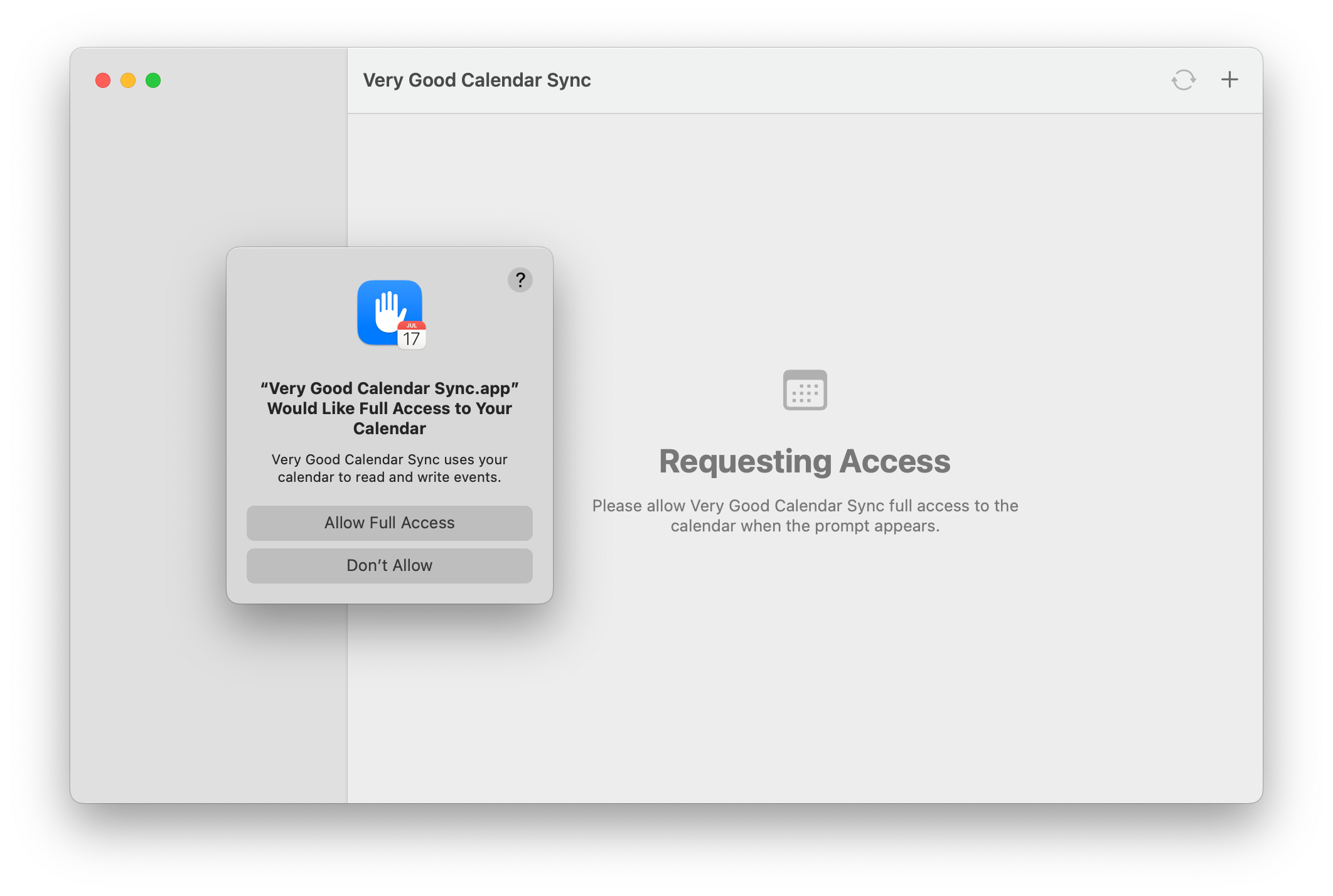 Screenshot of application requesting Calendar permissions