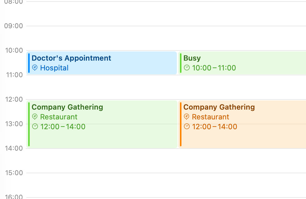 Screenshot of Calendar.app showing a cloned event alongside its redacted counterpart