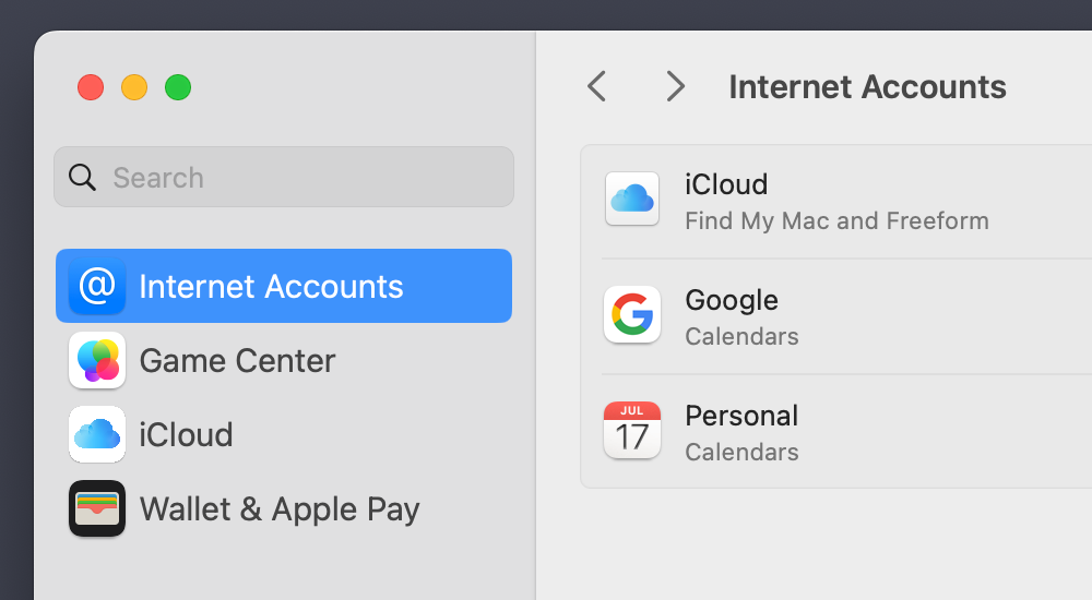 Screenshot of Calendar.app with list of calendars
